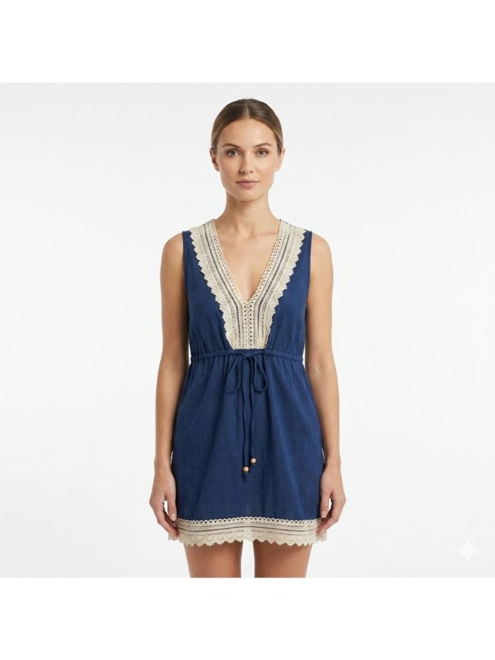 Mud Pie Blue Babydoll Top Boho Women Size S Plunge V-neck Sleeveless Tie Waist - Picture 1 of 9